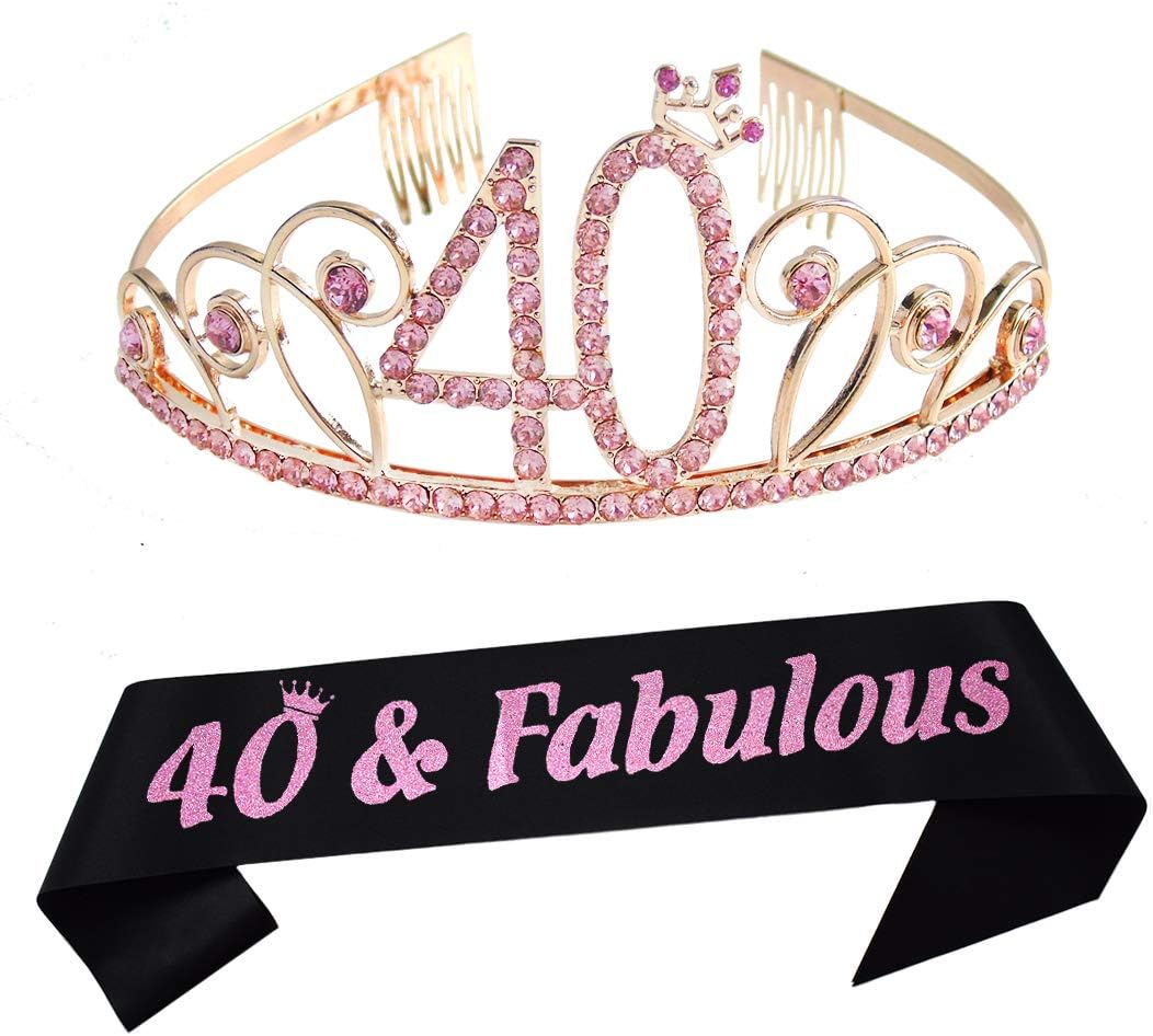 40th Birthday Tiara and Sash Happy 40th Birthday Party Supplies 40 Fabulous Black Glitter Satin Sash and Rose Gold Crystal Tiara Princess Birthday Crown for Women 40th Birthday Party Decorations