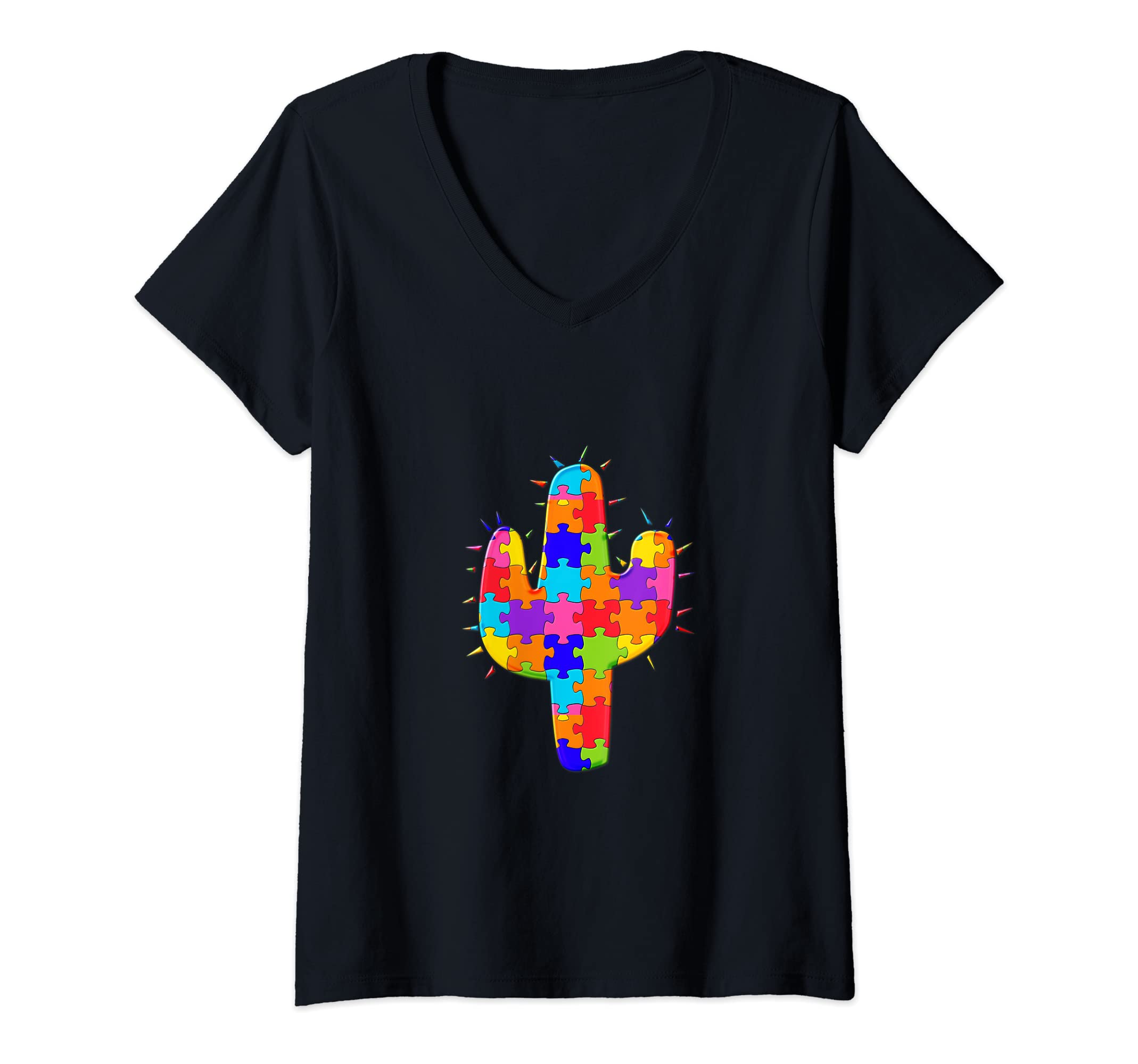 Womens Cactus Cacti Desert Plant, Jigsaw Autism Puzzle V-Neck T-Shirt