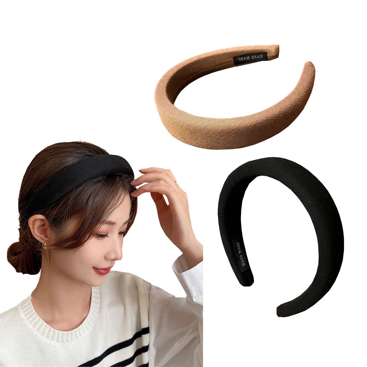 scicentWide Headbands for Women 2 Pcs Soft Headbands Girls Fashion No Slip Headband for Women Hairbands Hair Accessories (Black, Light Brown), 03