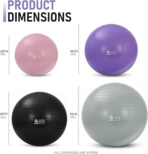 Miniatura 2 de Gruper Pelota de yoga y pilates, pelota de gimnasio de 4 tamaños para fitness, yoga, entrenamiento, embarazo y terapia física, bomba rápida