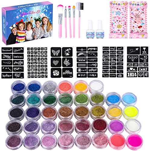 JOSPL 38 Colores Kit de Tatuajes Temporales con 119 Plantillas,5 Pinceles, 2 Pegamentos,Impermeable Tatuajes Temporales,No Tóxico Tatuaje Brillo Tatuajes Niños Niñas Adultos,Ideas para Regalos