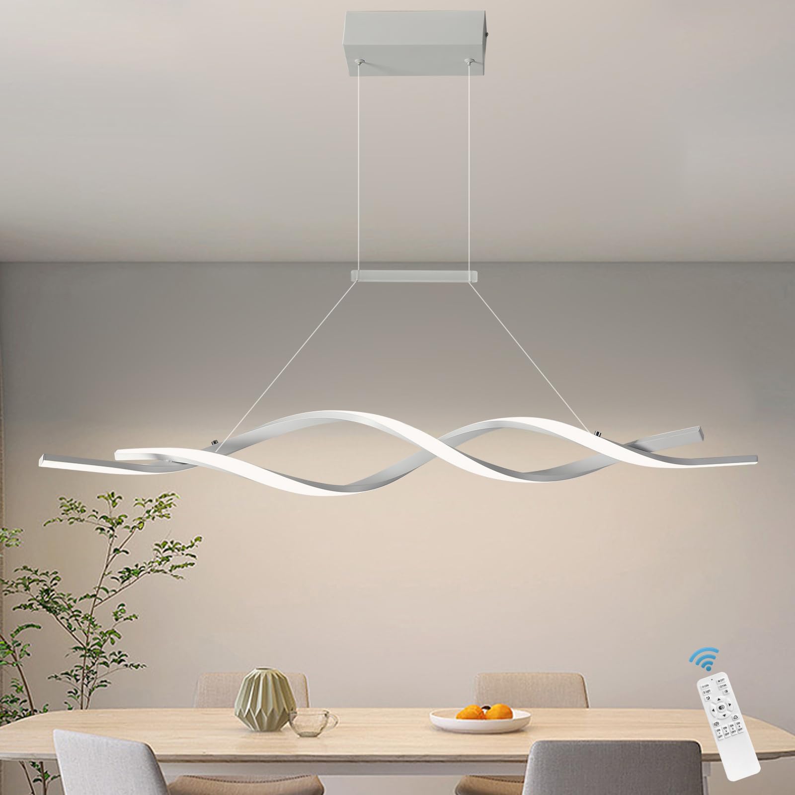 Jaycomey Modern Pendant Light, Dimmable LED Chandelier with Remote Control, Wave Shape Chandelier Lighting, Chandeliers for Dining Rooms Kitchen Island Restaurant Living Room, 3000-6000K, 28W, White