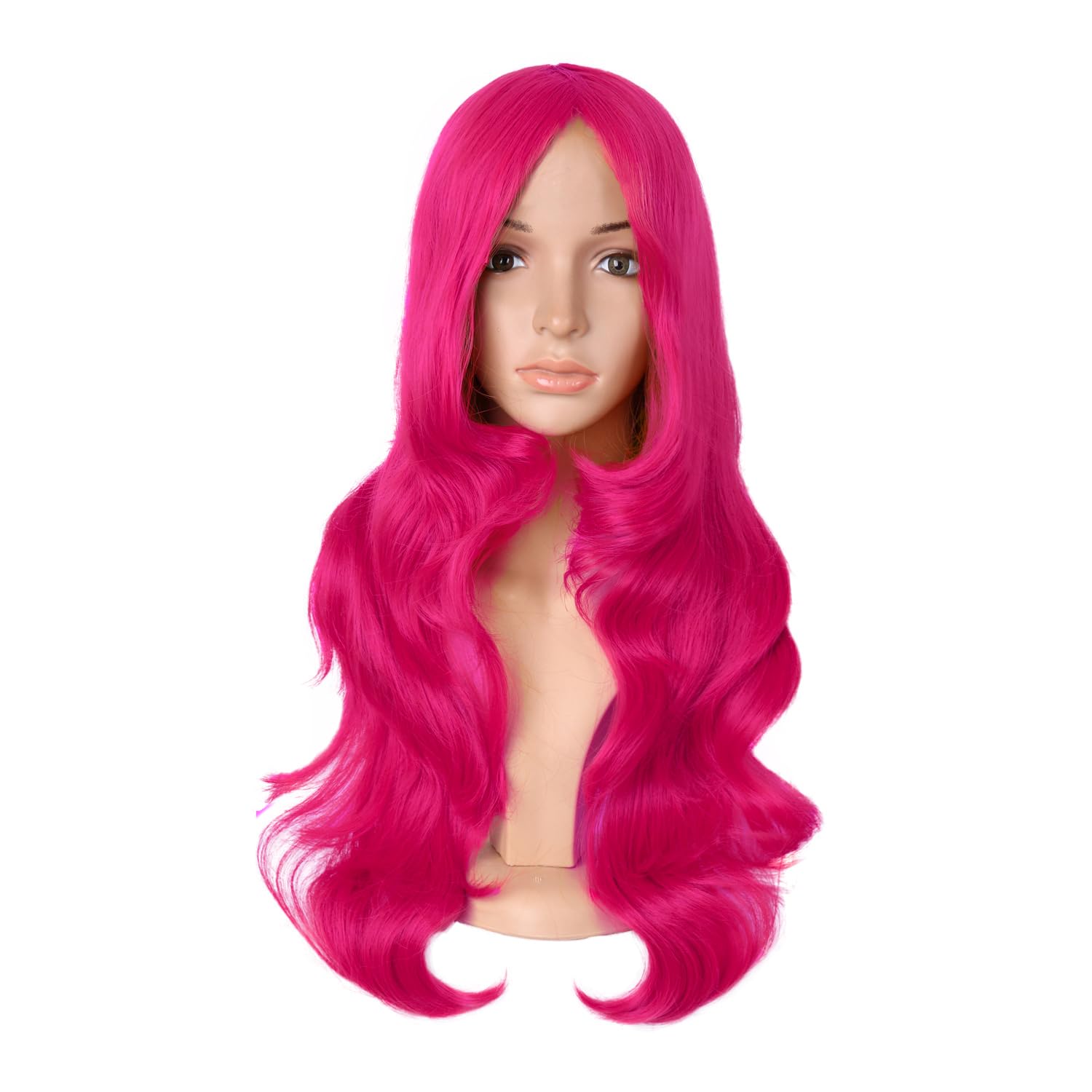 24 Inch/60 cm Charming Synthetic Long Wavy Side Bangs Women Party Anime Cosplay Wig (Hot Pink)