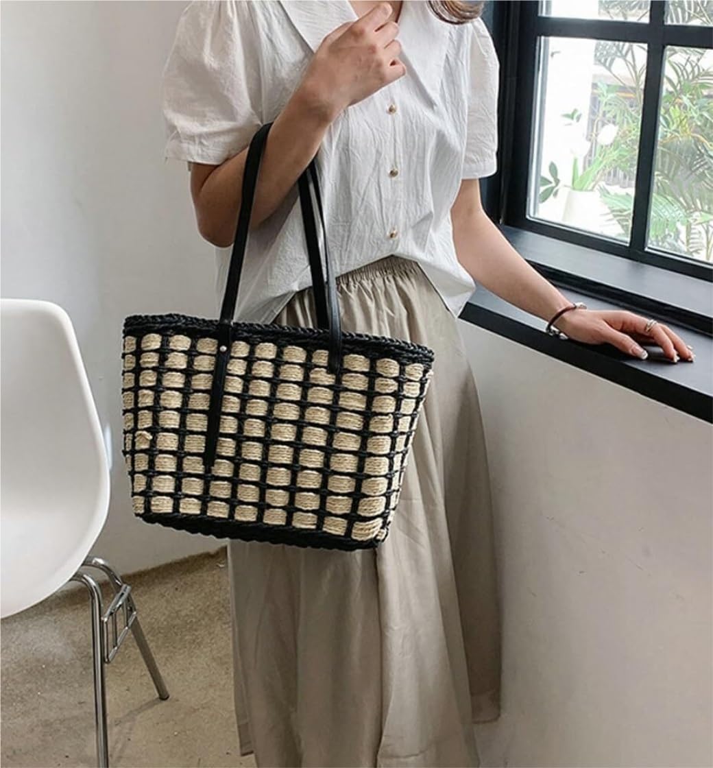 Bolso Mujer Bolso De Mano Paja para Mujer, Playa Tejido A Verano, Informal Paja Mano(Black)