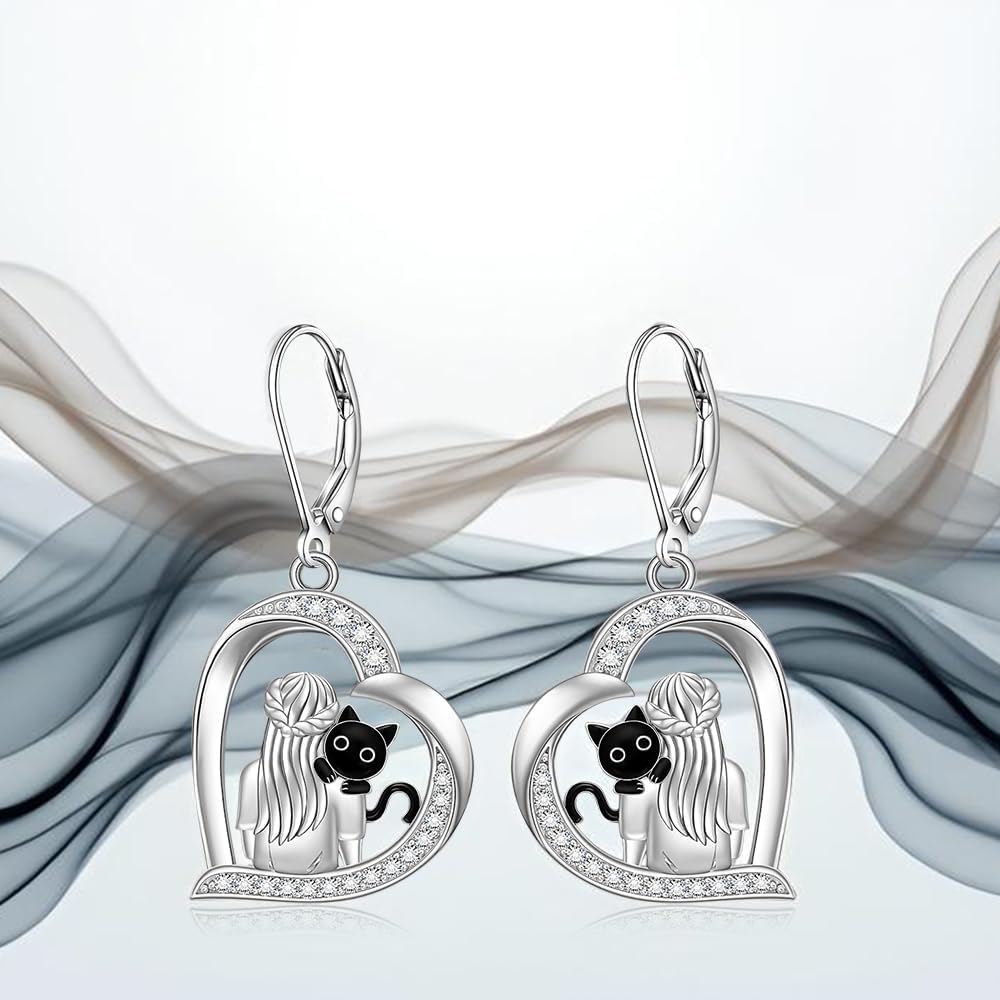 Black Cat Earrings for Women Sterling Silver Cat Earrings Heart Leverback Dangle Drop Halloween Jewelry Gifts for Lovers - Image 4