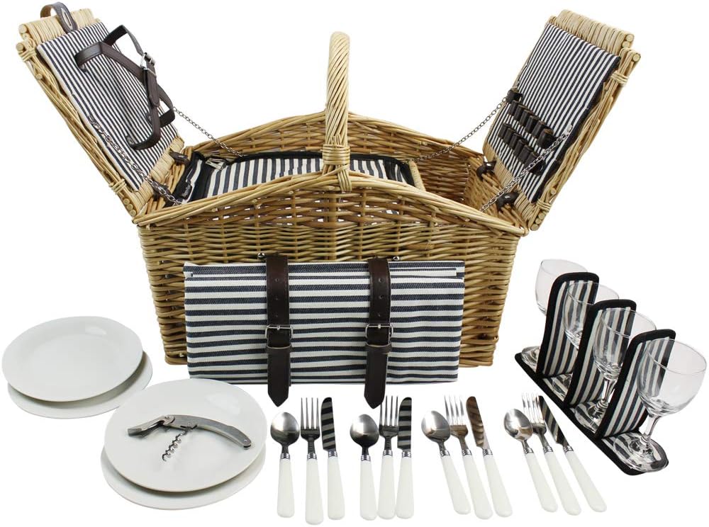 Willow Picnic Basket Set for 4 Persons with Double Lids, Durable Handle and Insulated Cooler Compartment, Handmade Wicker Hamper for Outdoor Living Camping : Patio, Lawn & Garden