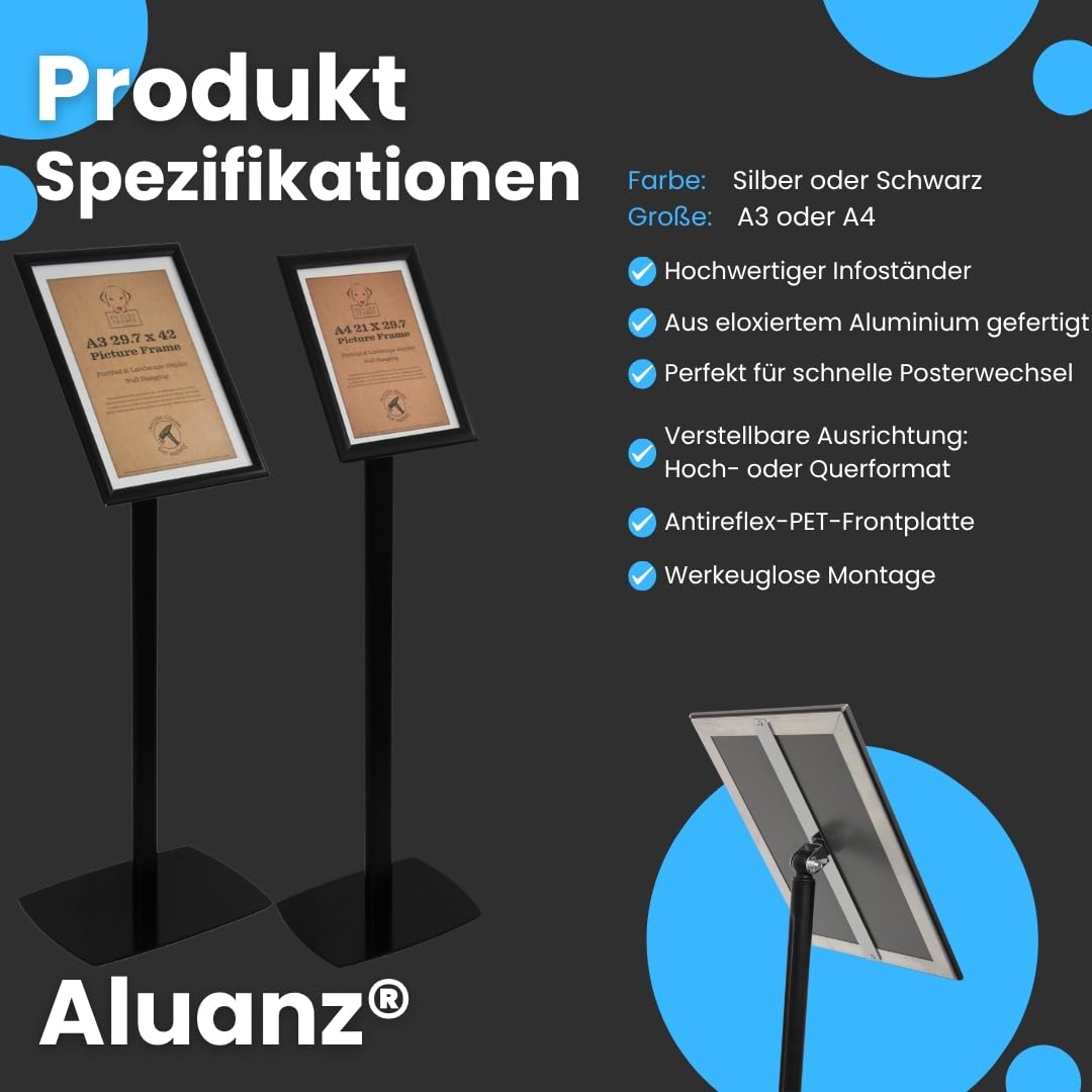 Infoständer, Schwarz, A3 | Informationsständer, Bodenständer aus Aluminium, Drehbarer Präsentationsständer, Posterständer, Plakatständer