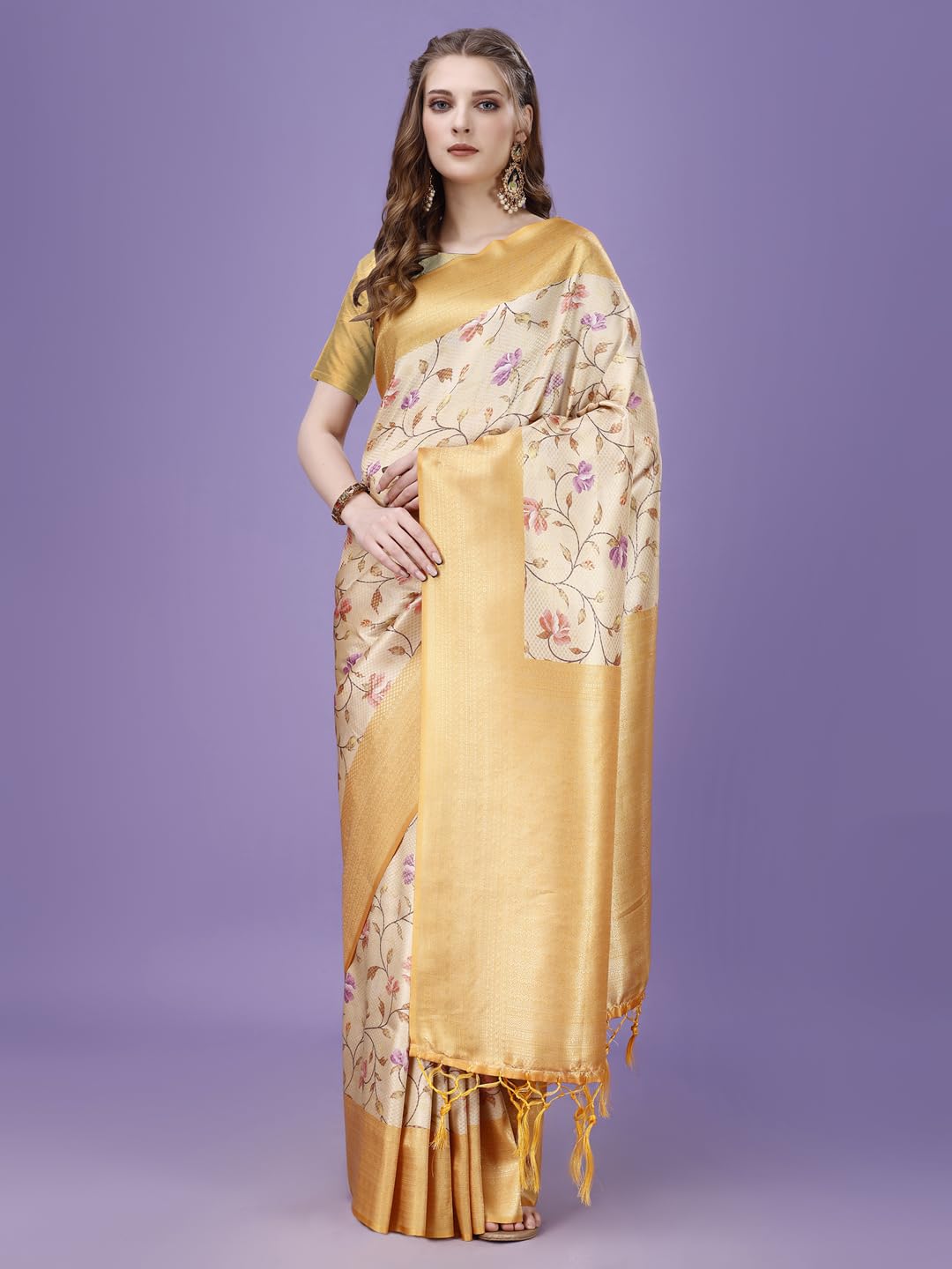 Pujia Mills Smooth Silk Saree For Women Indian Ethnic Wear Pure Silk Blend Zari Weaving Floral Digital Printed Smooth Silk Light Weight Yellow Color Simple Saree Outfit