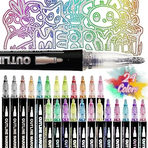 GCVOPTON 24 Colors Double Line Outline Pens, Outline Markers Self-outline Metallic Markers, Shimmer Marker Set,Glitter Markers Pen Set for Kid Adults Drawing Scrapbooking Cover