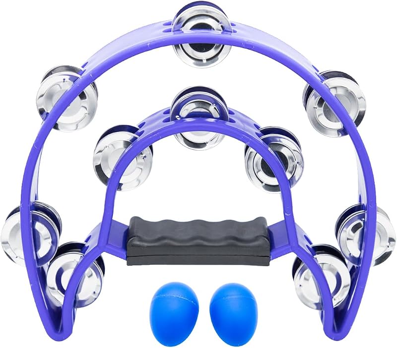 Double Row Tambourine and Egg Shakers, Metal Jingles Hand Held Percussion Half-Moon Tambourines with Handle Grip Musical Instrument Gift for Adults, KTV Party