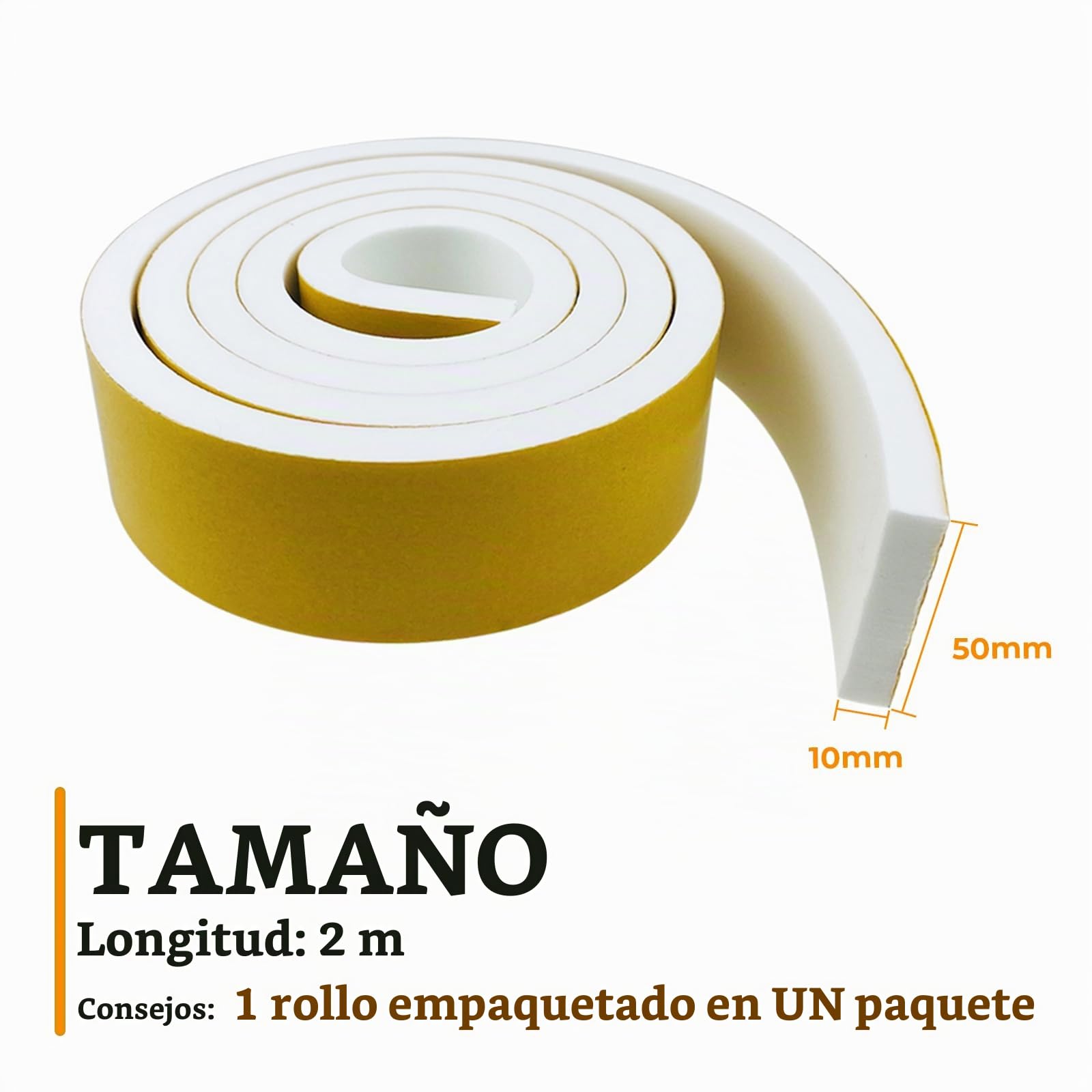 Cinta adhesiva de espuma autoadhesiva blanca 50mm(ancho) x10mm (profundidad), cinta aislante para puertas y ventanas, resistente a la intemperie, anticolisión, insonorización (2 m de largo)