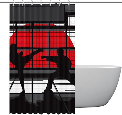 KXO Cortina de ducha japonesa de taekwondo dojo, impermeable, lavable, juego de cortinas de baño de poliéster con ganchos, 36 x 72 pulgadas
