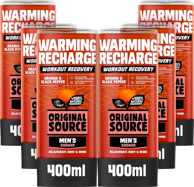 Original Source Mens Workout Recovery Warming Recharge Shower Gel Vegan Shower Gel Paraben Free Body Shower 100% Natural Fragrance Mens Workout Mens Body Wash Multipack of 6 x 400ml
