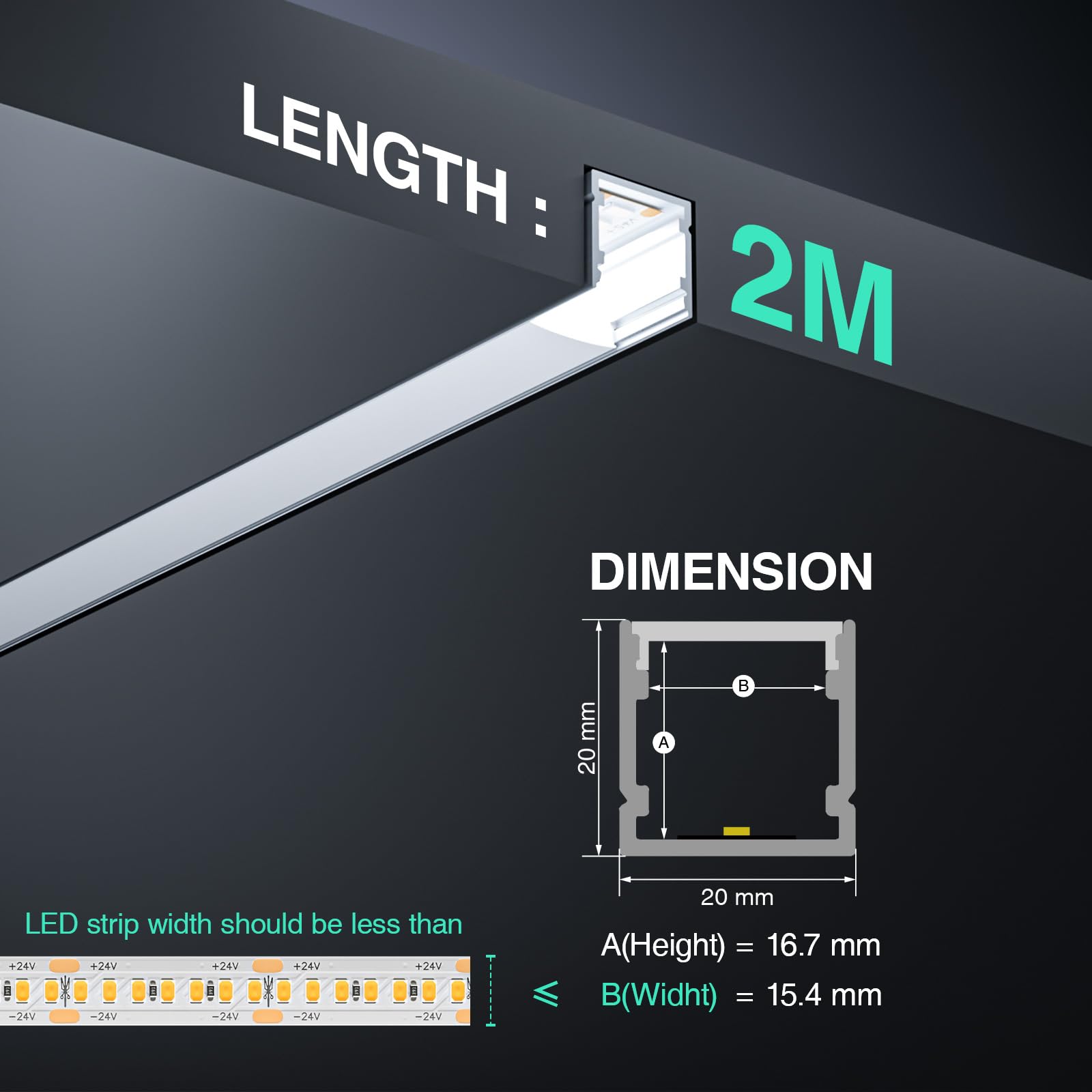 Profil aluminiowy LED do taśm LED 6 x 2 m, profil aluminiowy LED w kształcie litery U, 12 m, listwa LED, rozmiar 20 x 20 mm, do taśm LED o szerokości mniejszej niż 15 mm, z osłoną PC