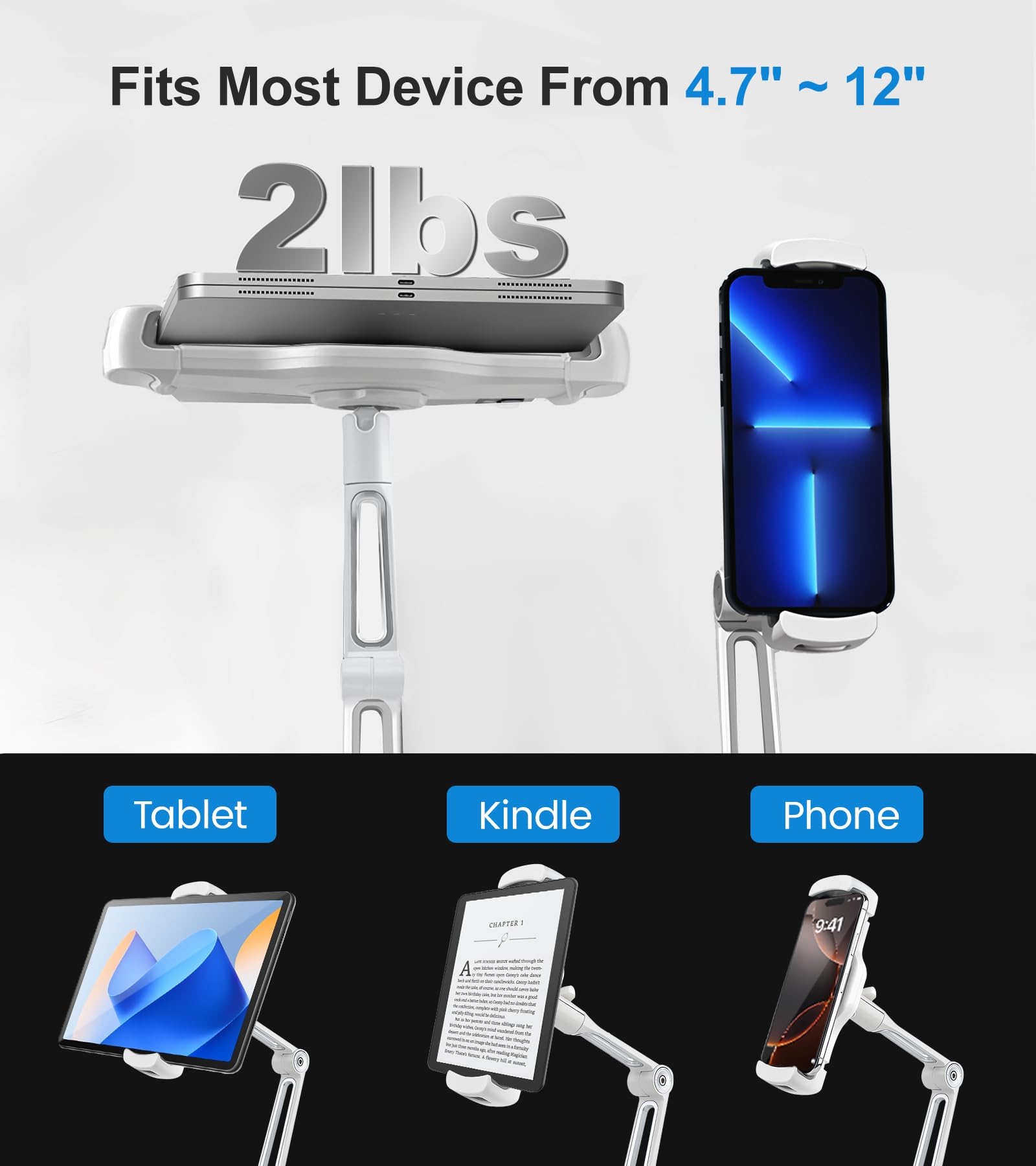 Soporte de aleación de aluminio ajustable para tableta, soporte giratorio de 360° compatible con teléfono/tableta de 4.7 a 12.9 pulgadas, iPad, iPhone, Samsung, Kindle, Switch, soporte de