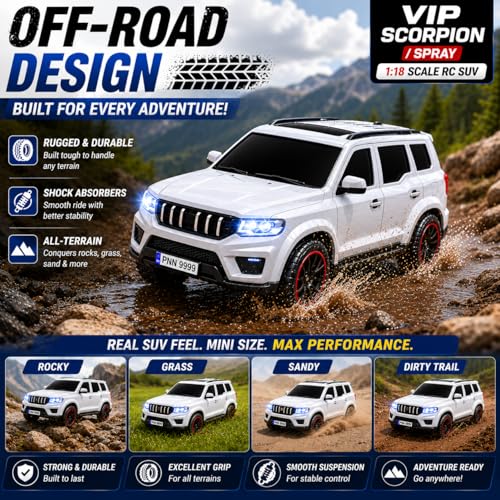 Image of The Flyers Bay 1:18 Scale Scorpio-Style Remote Control SUV Car for Kids | 2.4GHz Long Range Remote, Spray Mist Effect, Police Lights & Siren, Rechargeable Battery (White)