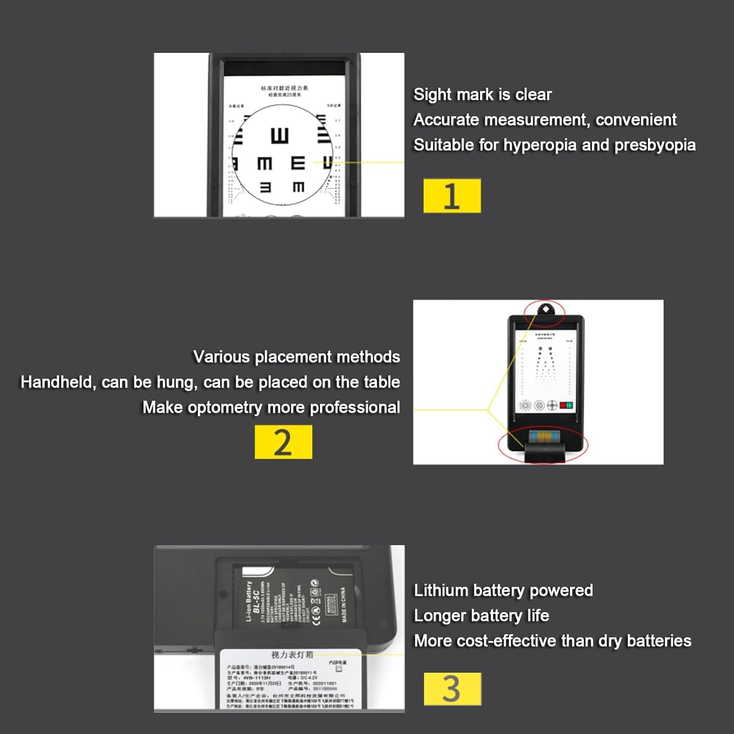 Wykres Near Vision Light Box Akumulatorowa Wykres Wizji z Uchwytem Regulowana Jasność i 5 Rodzajów Detekcji Wizualnych Etykiety Przednie 30 cm/Tył 25 CM Odległość Pomiarowa do Domu lub Kliniki