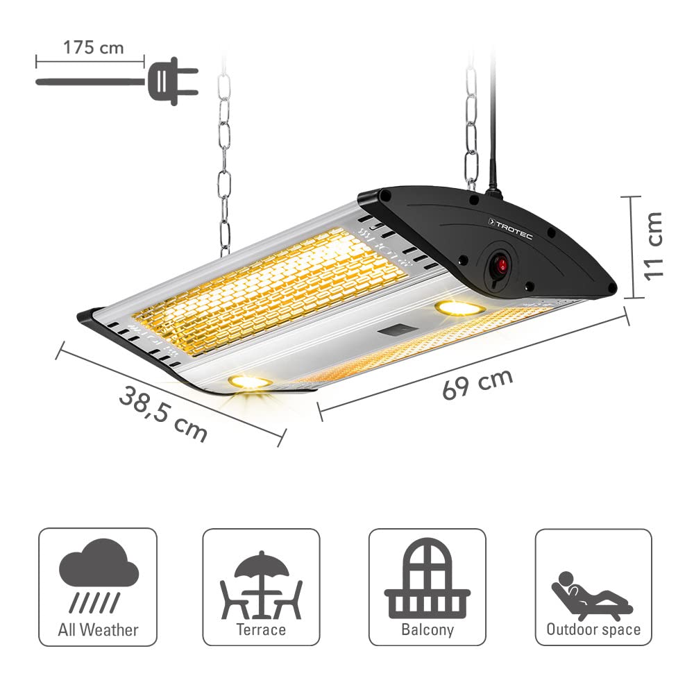 TROTEC IR 2000 C Deckenheizstrahler Infrarot – 2.000 W, LED-Beleuchtung, Fernbedienung, IP55, für Balkon und Terrasse