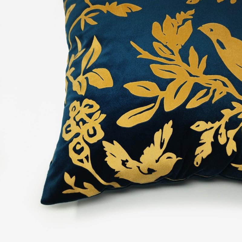 Image of Birds Designer Velvet Cushion Cover | Decorative Cushion Cover | Modern & Trendy | for Sofa Chair Bedroom | Set of 1 (16 x 16 Inch, Emerald Green & Gold)