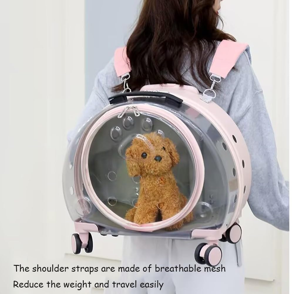 Transportín for Gatos con Ruedas,Mochila de Viaje portátil Plegable Transparente Perros y Gatos con asa telescópica,Carrito Mascotas,Bolsa de Gran Capacidad,cápsula Espacial Gatitos(Pink)