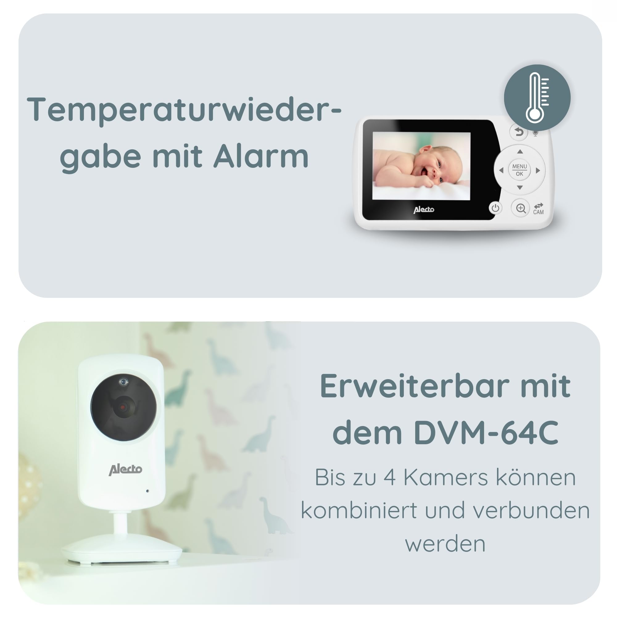 Alecto DVM-64 Funk Kamera Babyphone (100% störungsfrei & privat) mit schwenkbarer video Kamera, Nachtsicht, Gegensprechfunktion, hohe Reichweite, weiß | Nachtsicht - Gegensprechfunktion - hohe Reichweite - weiß