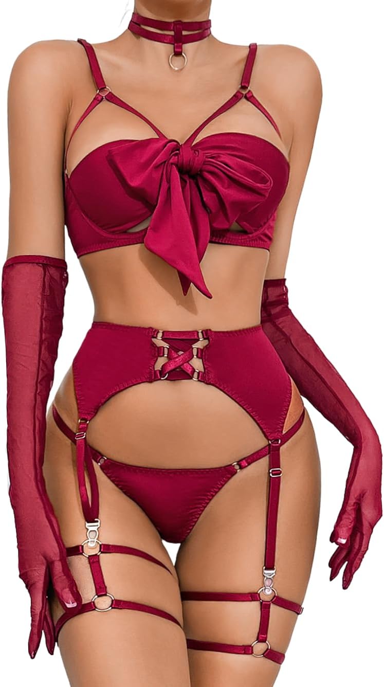 Kaei&Shi Sexy Bow Lingerie for Women,Unwrap Present Bra And Panty Set,Strappy Garter Lingeries Xmas Valentines Birthday Gift
