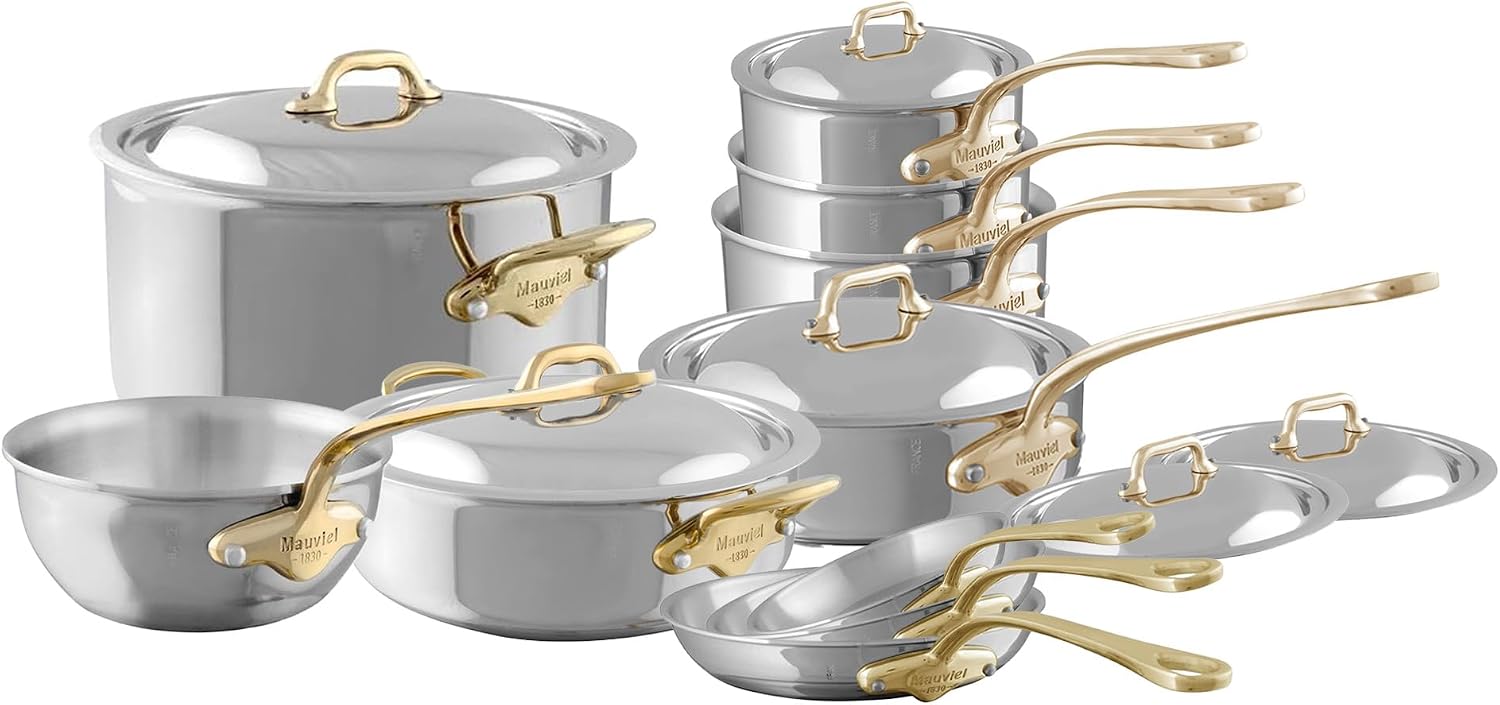 Mauviel M'Cook B 5-Ply Polished Stainless Steel 16-Piece Cookware Set With Brass Handles, Made In France
