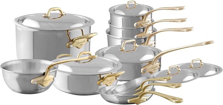 Mauviel MCook B 5-Ply Polished Stainless Steel 16-Piece Cookware Set With Brass Handles, Made In France
