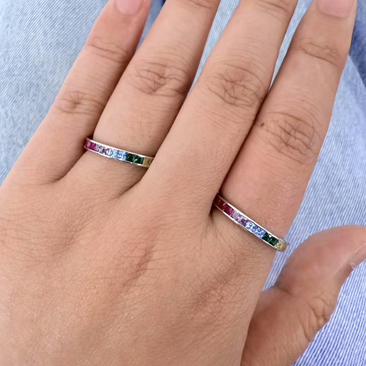 Kokoma Rainbow Crystal Stacking Ring for Women Colorful Cubic Zirconia Thin Finger Band Statament Rings Wedding Bands Promise Engagement Dainty Jewelry - Image 3