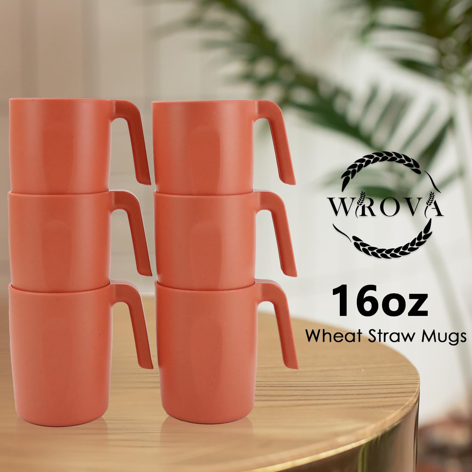 Wrova 16oz Wheat Straw Cups with handles set of 6-Plastic Cups Reusable-Unbreakable Kids Mugs-Dishwasher Safe & Microwave Safe-Ideal Plastic Mugs for Tea,Coffee,Camping,RV-Orange - Image 5