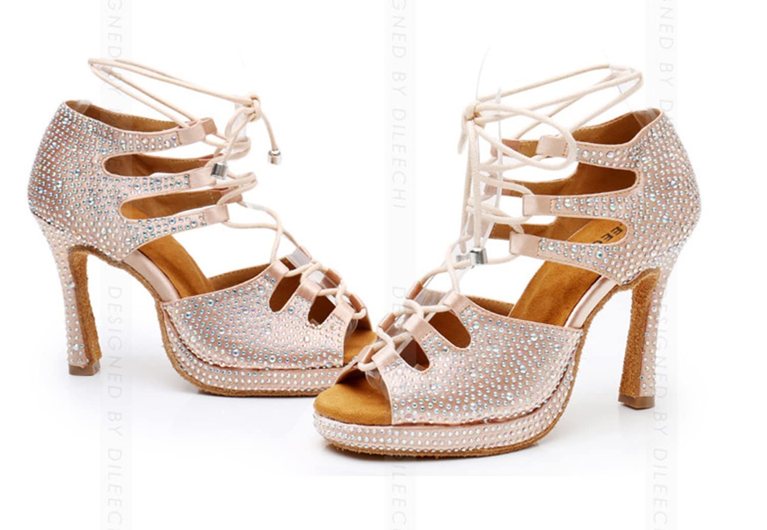Sandalias modernas de baile latino con cordones para mujer, para boda, fiesta, L425 Plataforma Beige Tacón de 10 cm, 39 EU