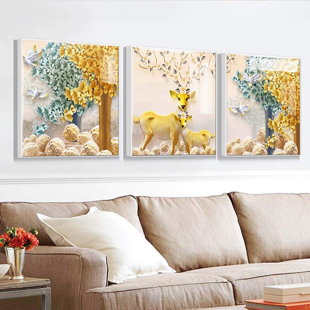 Classic Mural 40*40 Ice Crystal Micro Frame Nordic Foursquare Golden Yellow Elk Living Room Decoration Painting Wealth Deer Advanced Minimalist Sofa Background Wall Painting Hotel Murals 3pcs Top Grad