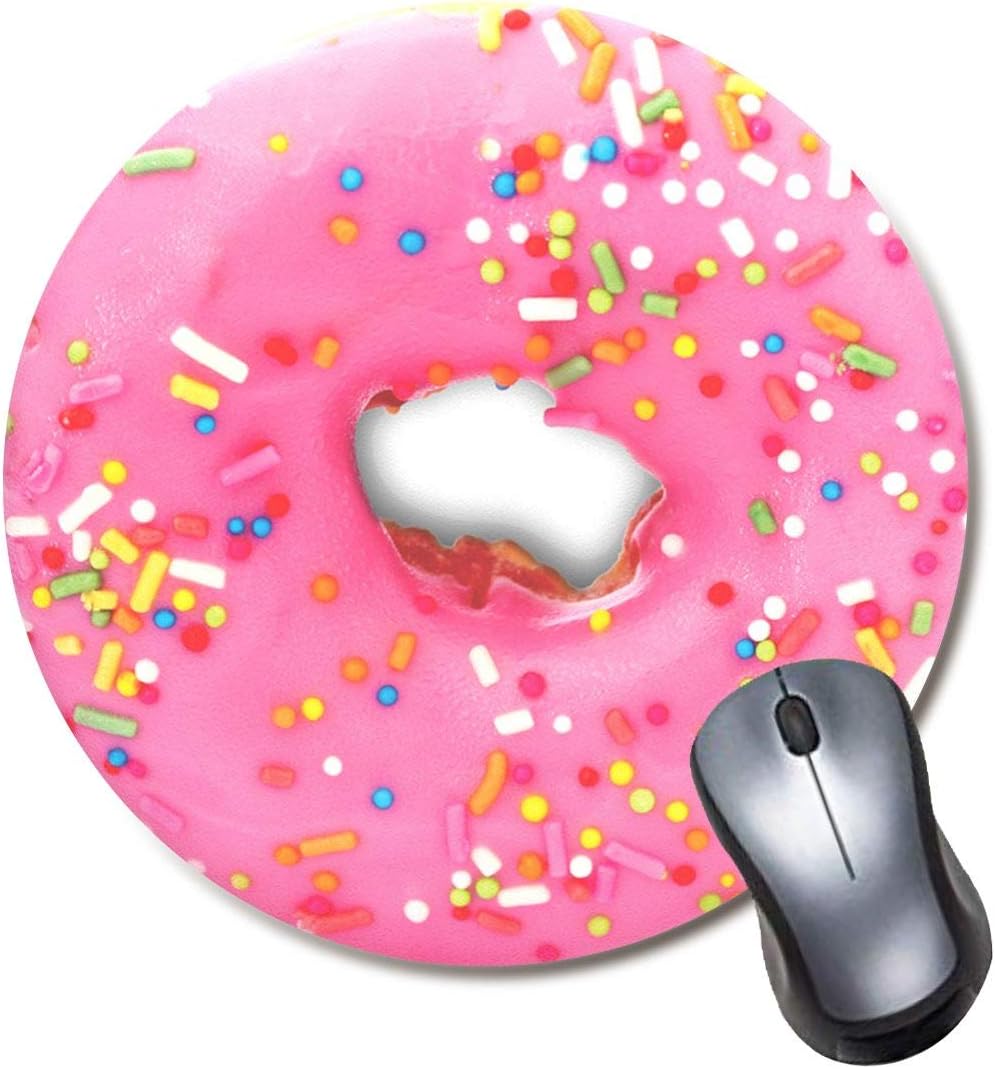 Strawberry Pink Donut with Sprinkles Mouse Pad, Round Cute Funny Mousepad, Coworker Teacher Gift Mouse Mat, Food Desert Doughnut Mouse Pad