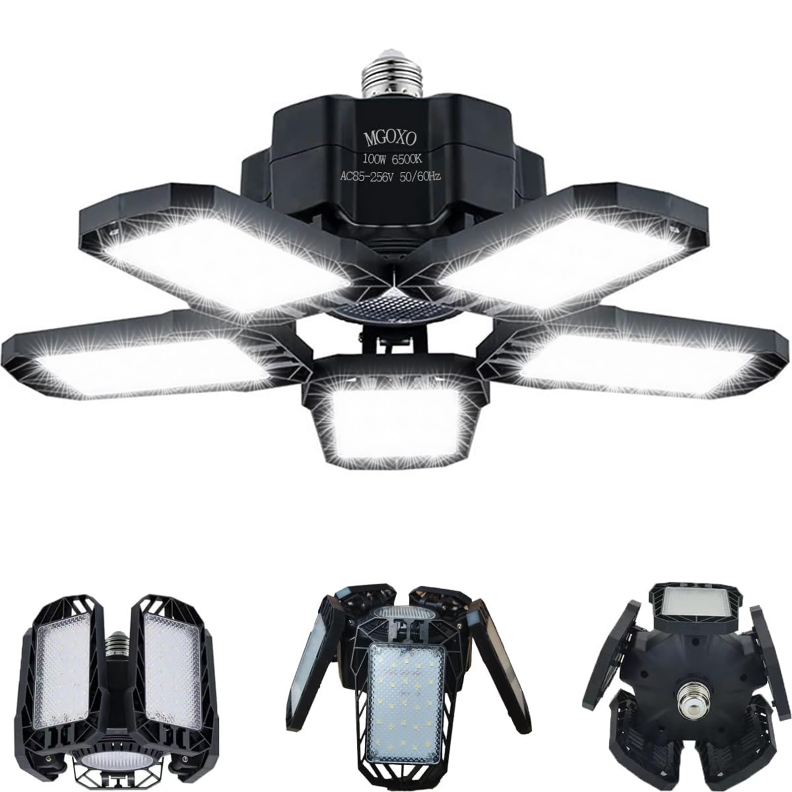 MGOXOガレージライトLEDシーリングライト 100W 6灯式 省エネ ペンダントライト ハイパワー 超高輝度6500K 昼白色 折りたたみ式 変形可能な 天井照明 カーポート、ワークショップ、パーキング、倉庫、地下に適用