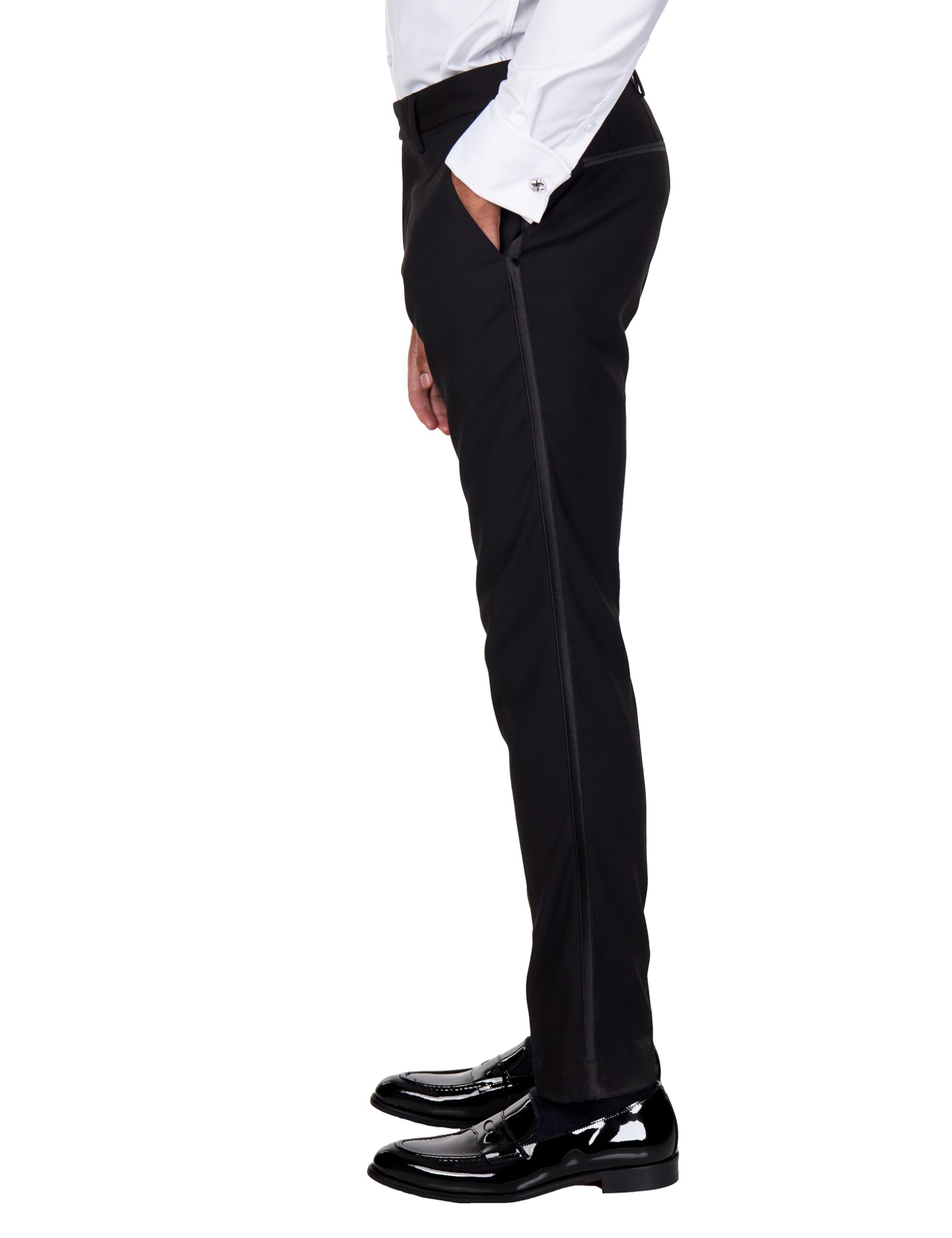 Xposed Pantalones de Esmoquin Negros para Hombre con Cinta de Raso Pantalones de Vestir de Frente Plano entallados