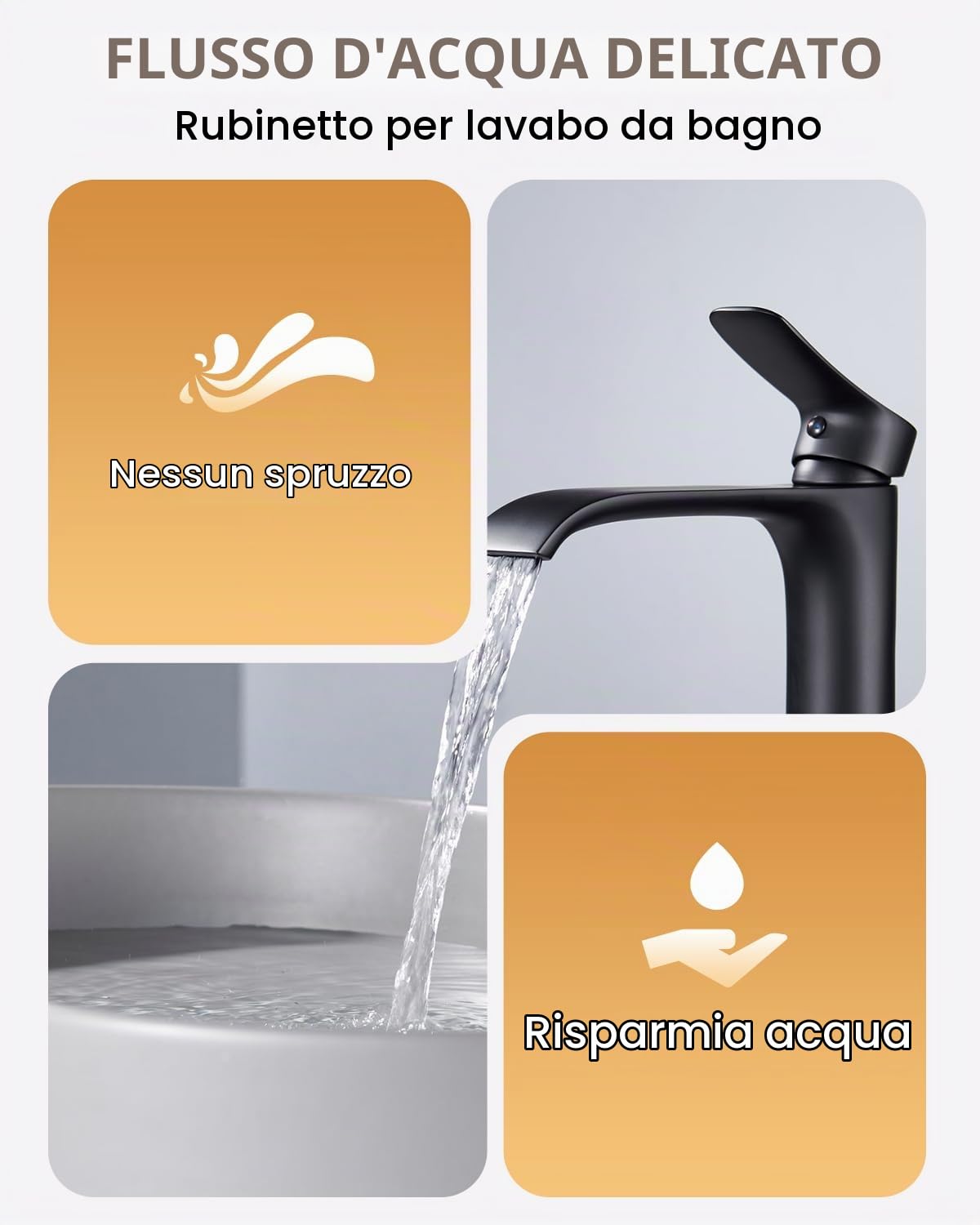 Miscelatore per lavabo da bagno nero opaco alto con cascata singola, rubinetto lavabo monocomando da appoggio, miscelatore in ottone