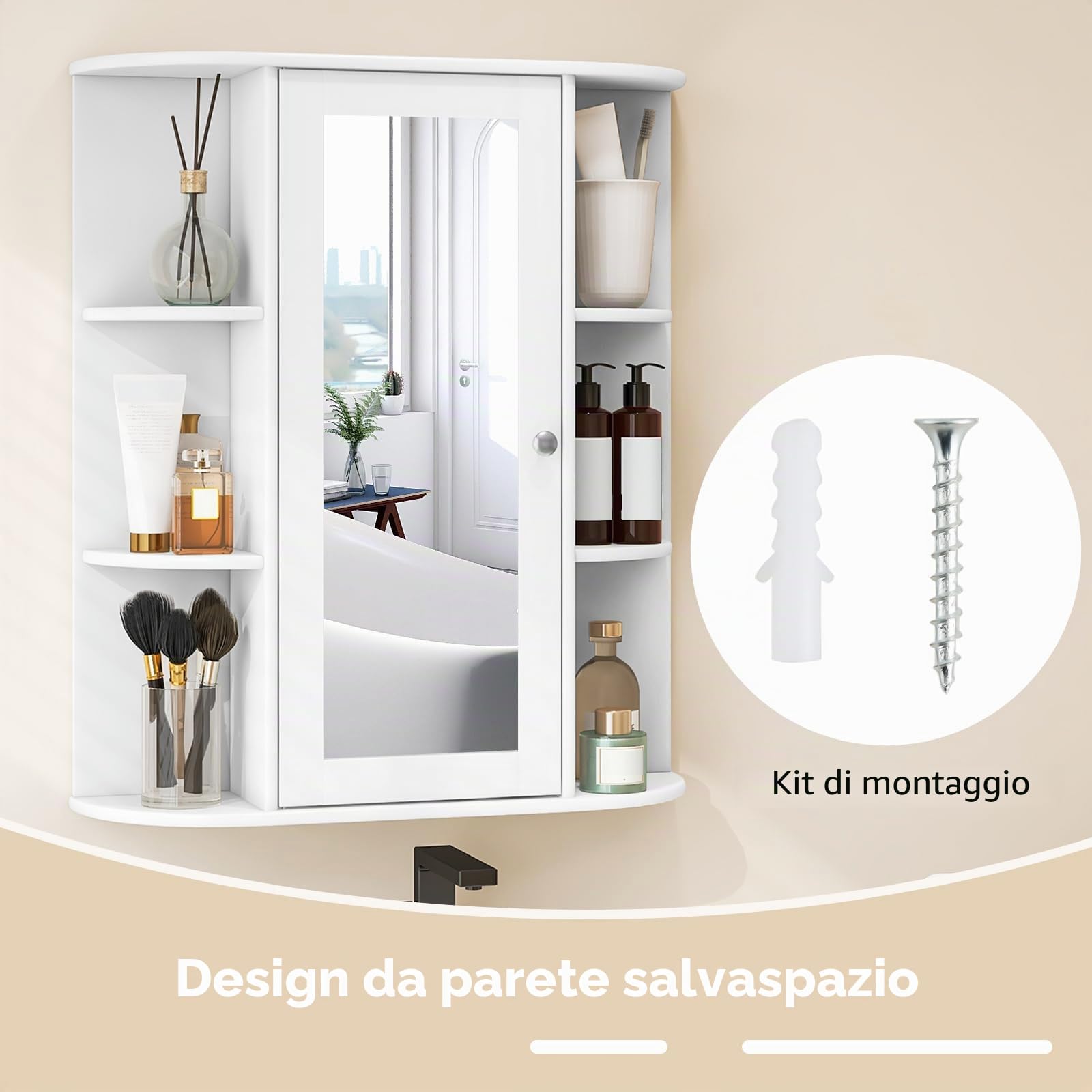GIANTEX Armadietto Bagno a Parete, Mobiletto Pensile con Ante di Specchio, 6 Scomparti Laterali, 2 Colori Disponibili, 60x16,5x70 cm