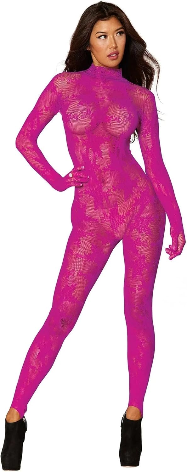 Hot Pink Lace Long Sleeve Bodystocking with Attached Gloves