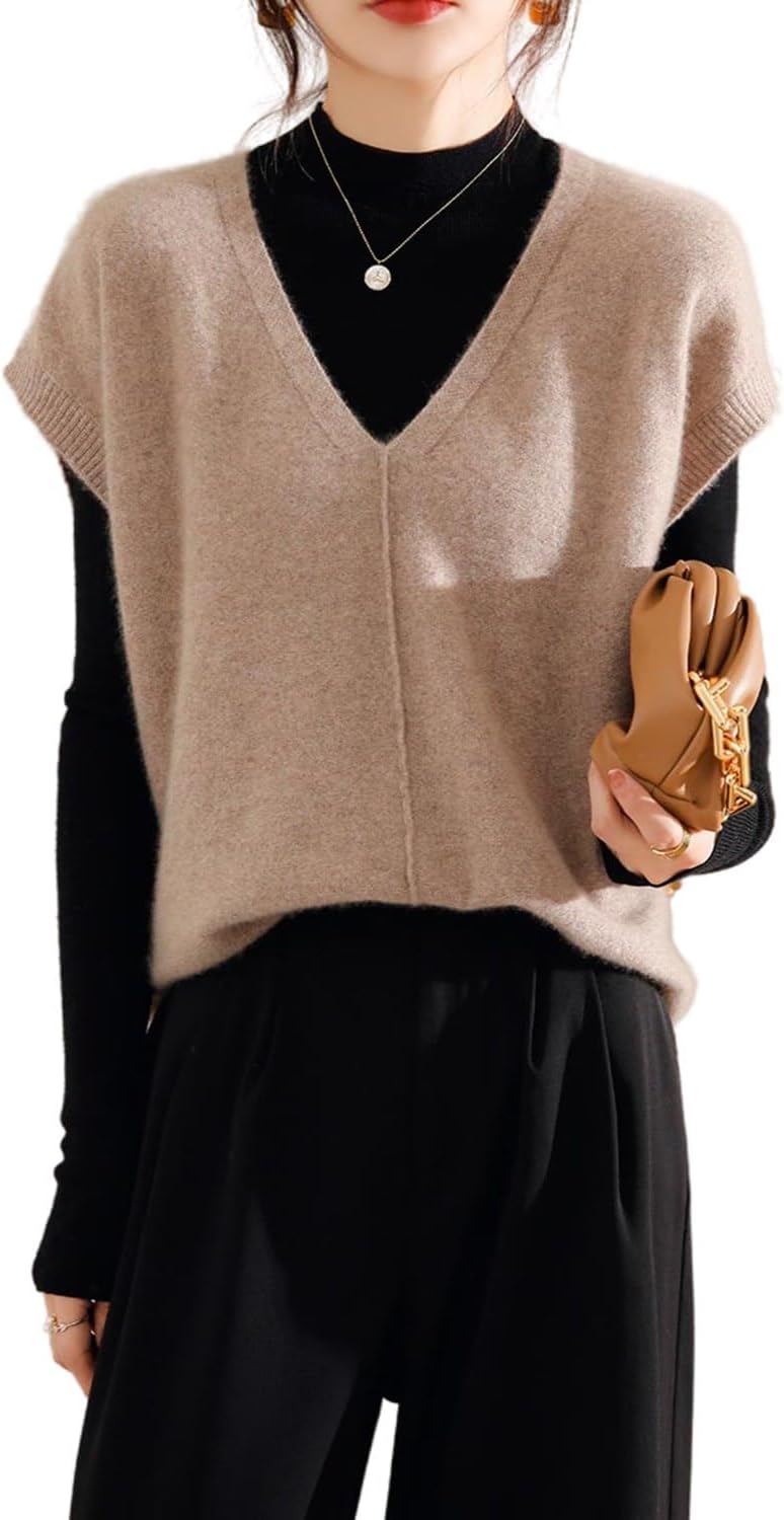 Ailaile Pull En Tricot à Col En V Profond Pour Femme, 100 % Laine Mérinos, Sans Manches, Basique, Chemisier Court, Beige, Taille S - 7
