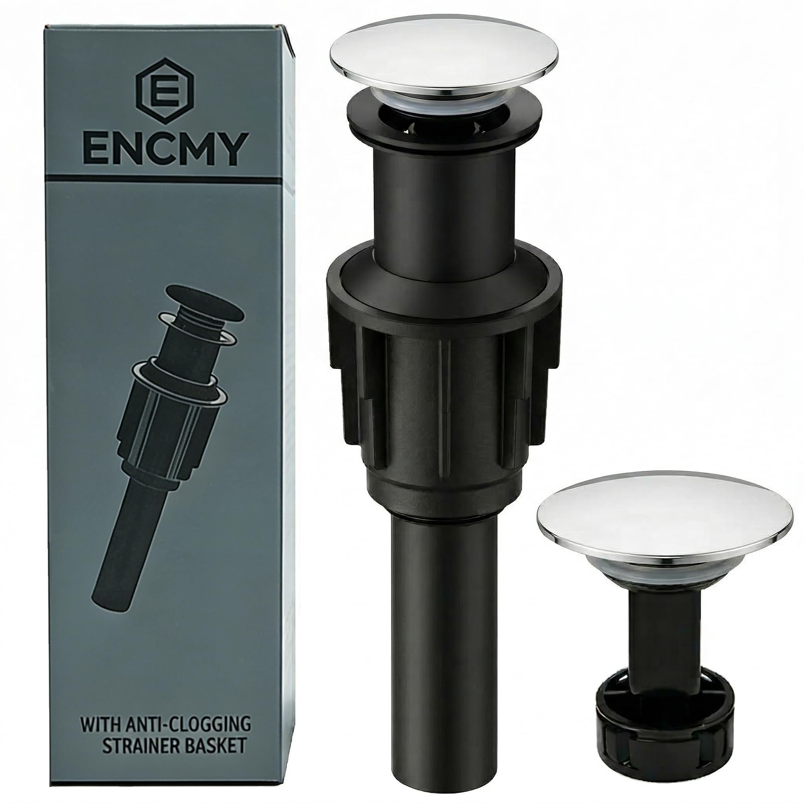 Bathroom Sink Drain Without Overflow- Matte Black Pop up Drain for Bathroom Vanity Vessel Sink Drain Stopper - Anti-clog Pop-up Plastic Drain with Hair Catcher Strainer — view 9