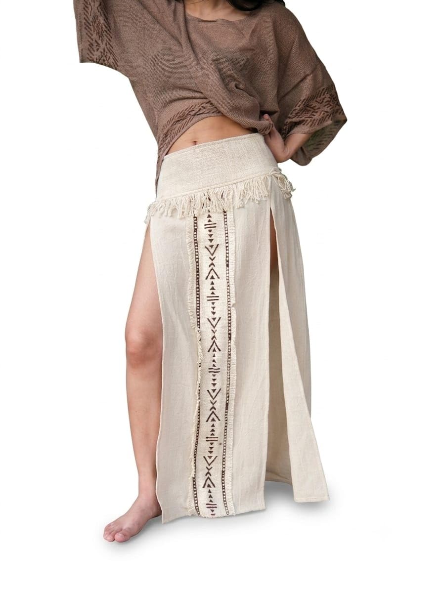 crystalheal; designing the destiny Luma Fringe Skirt for Women, Khadi Cotton Boho Maxi Skirt, Hand Block Inspired Festival , Double Slit Long , Fringe Waistband, Elastic Waist, Beach Vacation Hippie Resort Wear-picture-35