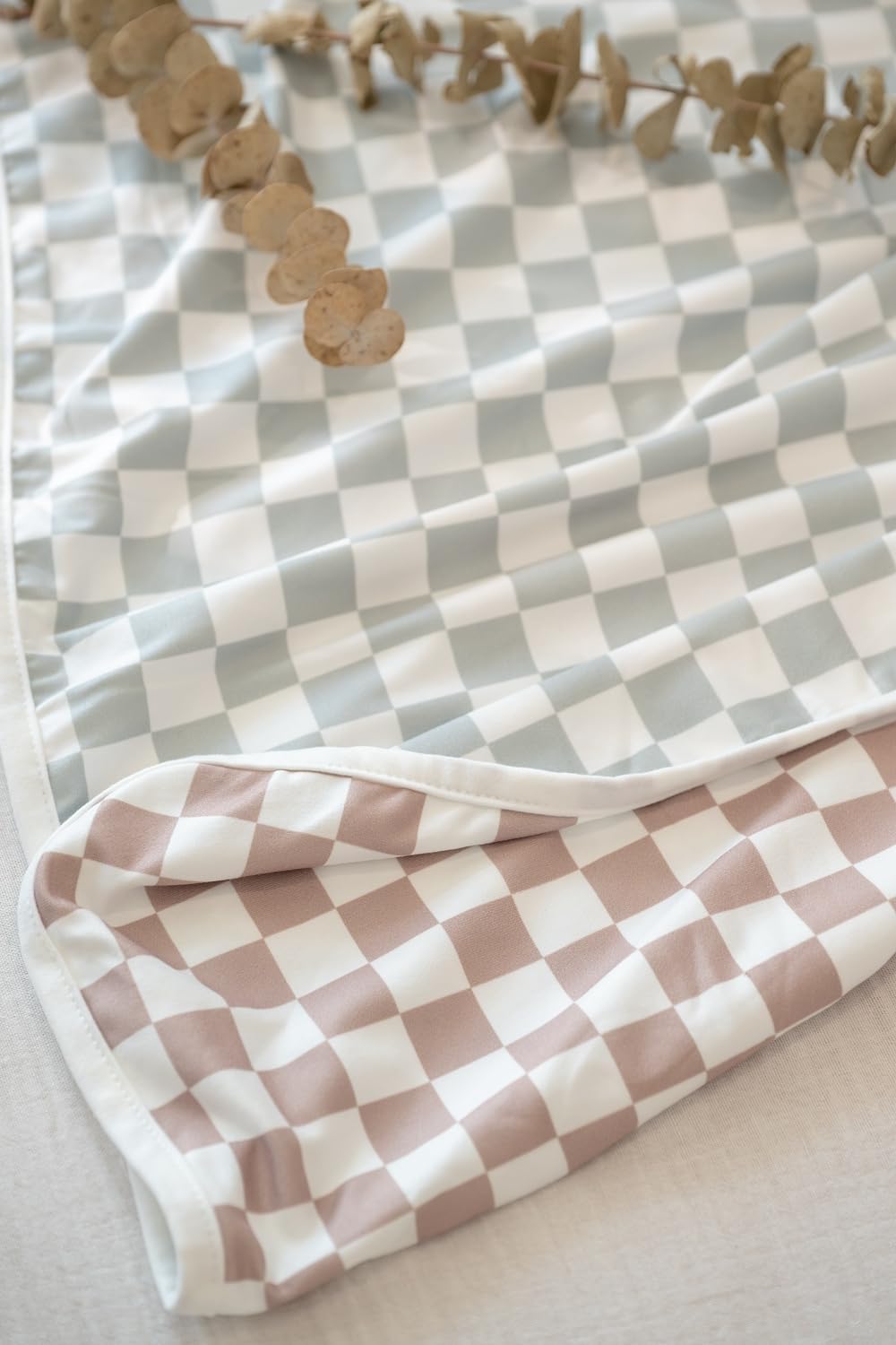 Little Jump 2- Layers Jersey Knitted Swaddle Blanket, Premium Baby Blanket,Soft Stretchy Quilt for Babies, Toddlers, Kids (Coffee & sage cherckered) - Image 6