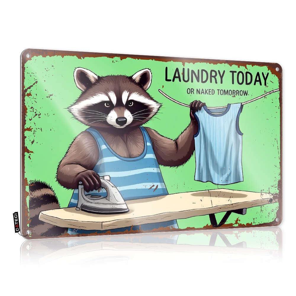 Men Cave Decor Raccoon Ironing Shirt With Text "Laundry Today Or Naked Tomorrow." Tin Sign Tin Metal Sign Bar Mirrors For Man Cave(20X30CM)