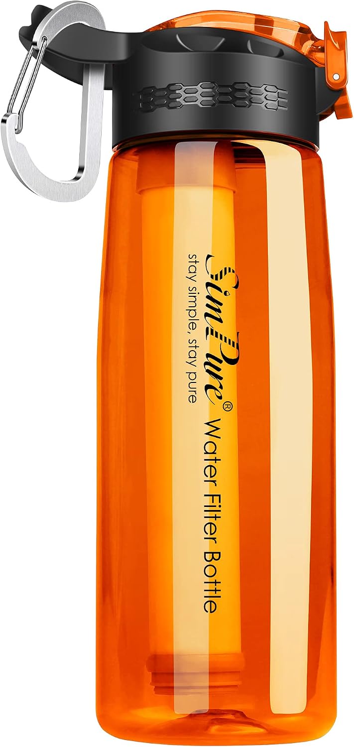 SimPure Filtered Water Bottle, BPA Free Water Bottle with Filter Replaceable 4-Stage Filter Straw, Portable Water Filter Bottle for Camping, Hiking, Backpacking, Travel and Tap Water