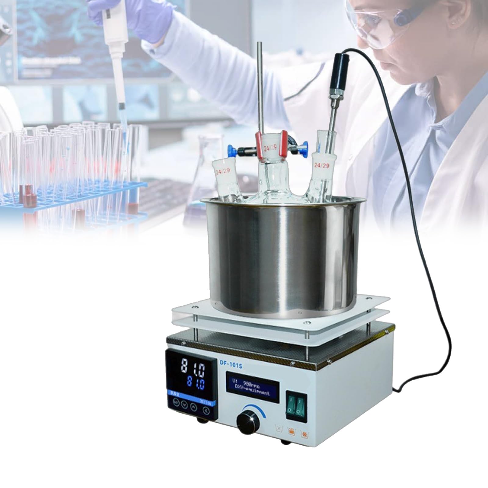 Magnetischer Heizrührer, 3 l/5 l/10 l Labor-Wasser- und Ölbad mit Digitalanzeige, Heizplatte aus Edelstahl 304, Rührgeschwindigkeit 0–2450 U/min, 999-Minuten-Timer, for Zuhause und Labor(3L)