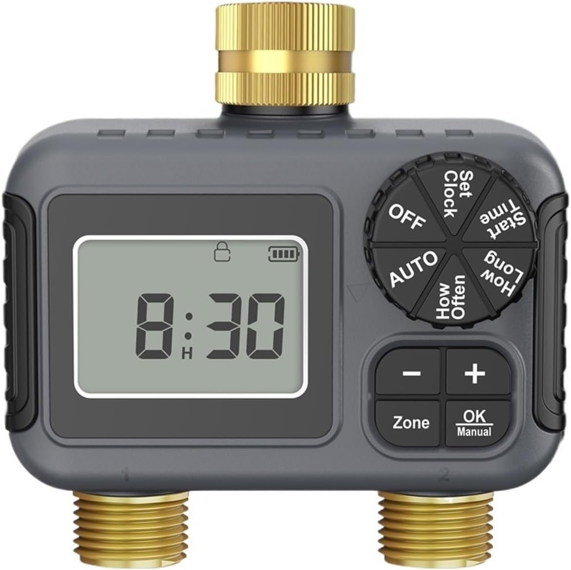 1pc Dual Outlets Automatic Irrigation Timer Dual Outdoor Garden Water Timer Irrigation Watering System Faucet Hose Water Valve(Copper NH Thread)