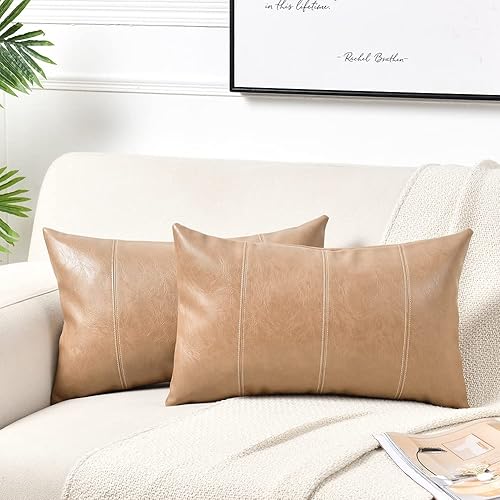 Fancy Homi Paquete de 2 fundas de almohada decorativas de piel sintética marrón tostado de 12 x 20 pulgadas para sala de estar sofá cama sofá funda