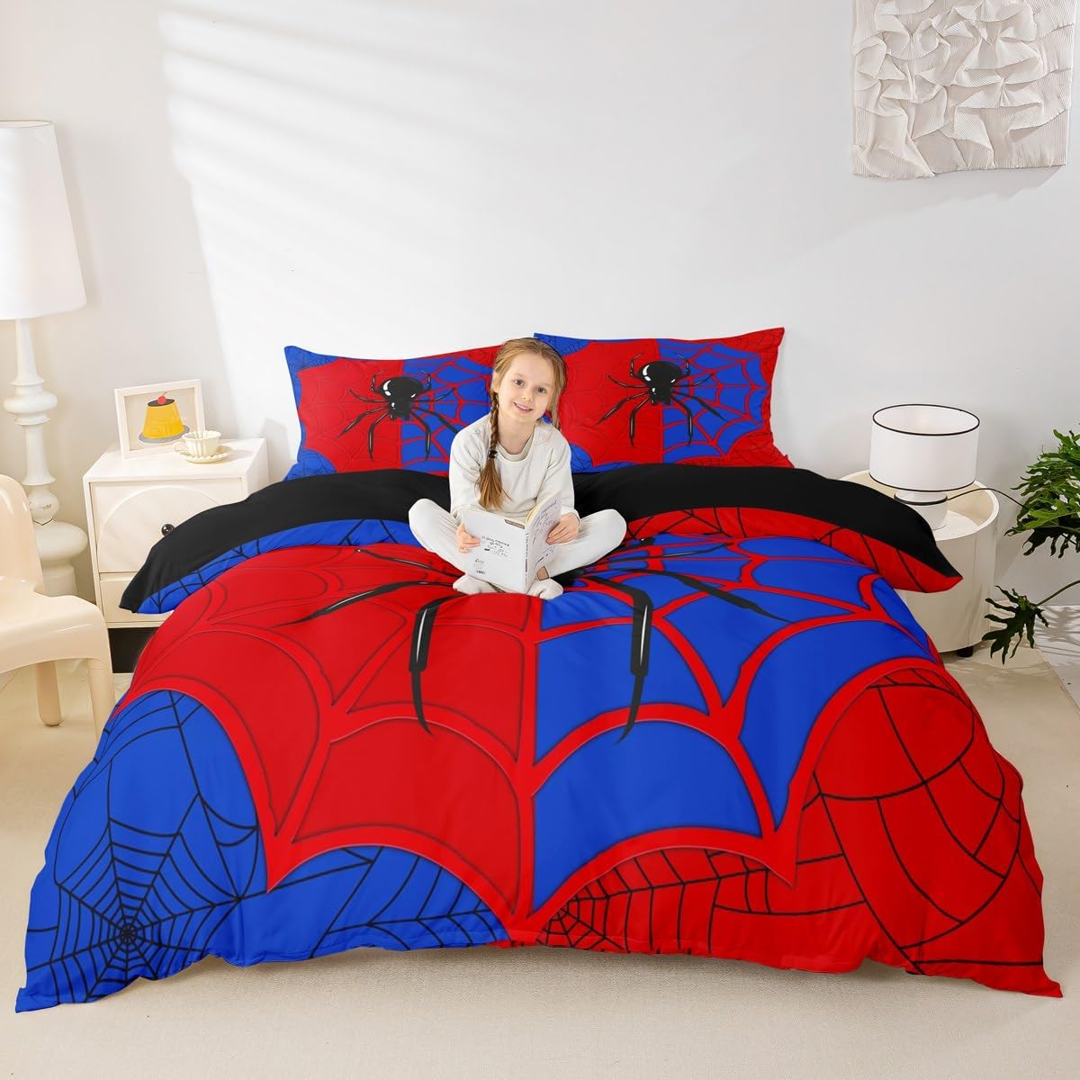 Spider Web Kids Duvet Cover Set Queen Size,Black Spider Arachnid Insect Animals Bedding Set,Boys Girls Women Men Room Decor,Halloween Gothic Red Blue Unique Quilt Cover,2 Pillowcases(No Comforter)