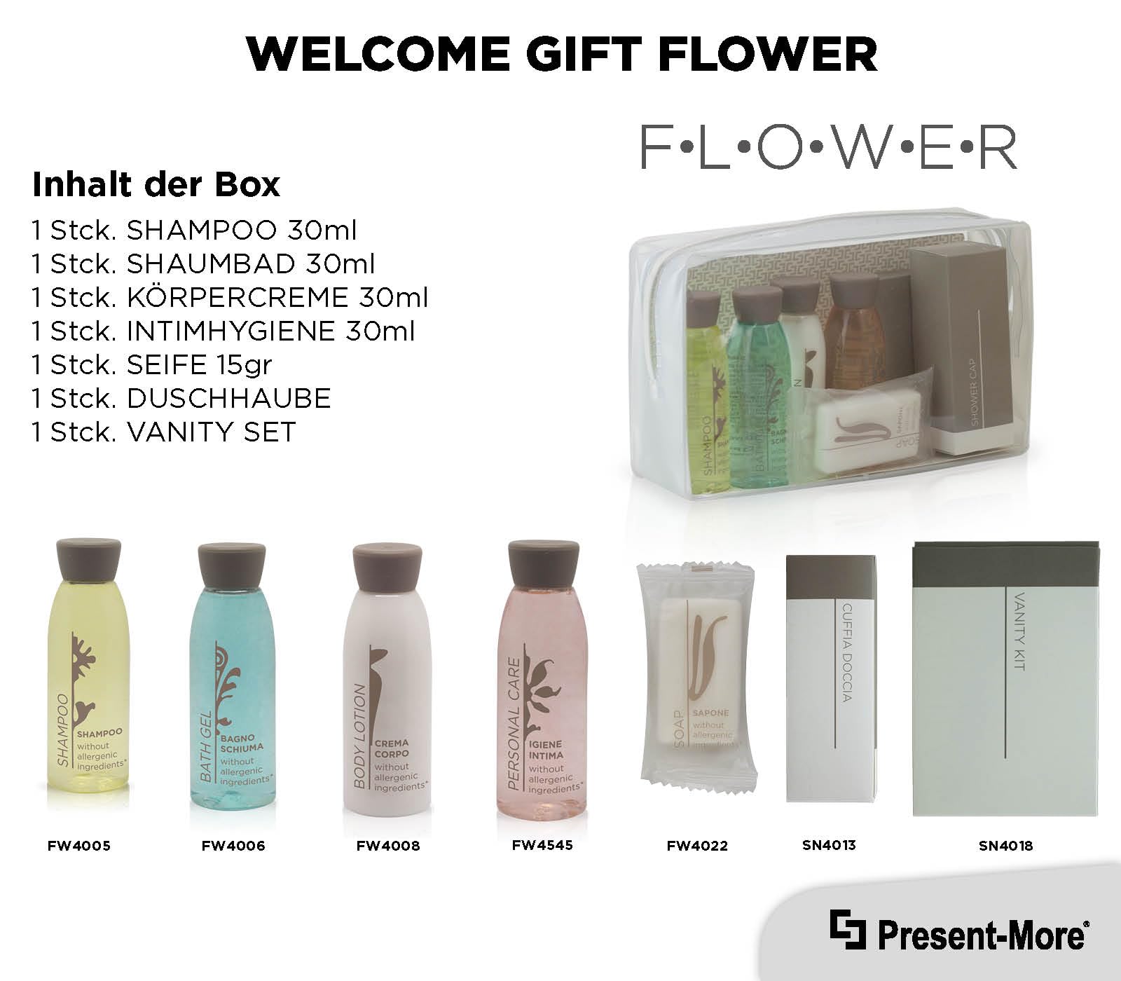 Present-More Amenities Kit Flower - Welcome Gift Toilettenartikel 40 Gäste für Hotels und B&B | Allergenfreie Amenities Kit mit Duftnoten von weißer Tee