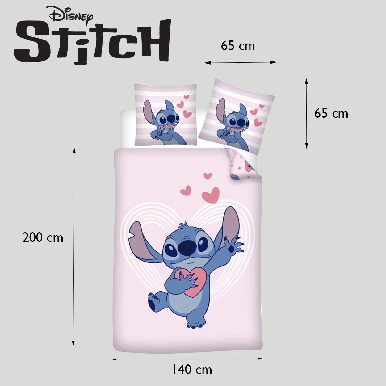 Juego de Cama Disney Stitch Rosa - Funda Nórdica 140x200 cm y Funda de Almohada 65x65 cm - 100% Algodón Premium - Certificado Oeko-Tex - Reversible Lilo & Stitch para Niña y Joven